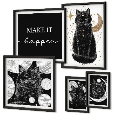 Lot de tableaux encadrés motif chats noirs style bohème
