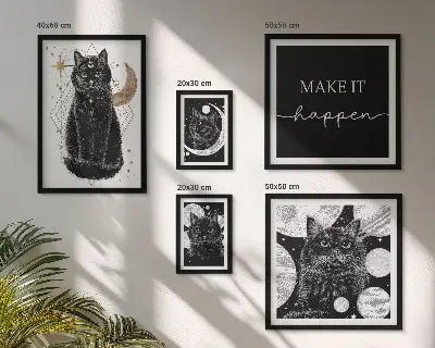 Lot de tableaux encadrés motif chats noirs style bohème