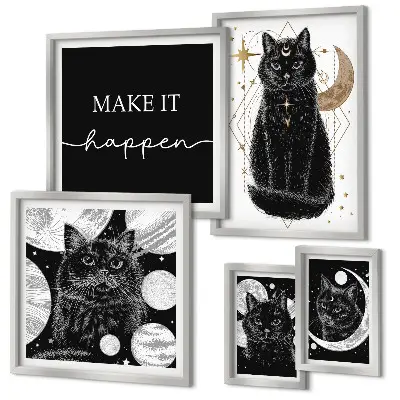 Lot de tableaux encadrés motif chats noirs style bohème