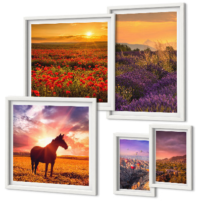 Lot de tableaux encadrés Paysages naturels chevaux fleurs