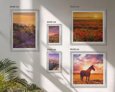 Lot de tableaux encadrés représentant des paysages naturels avec des chevaux et des fleurs
