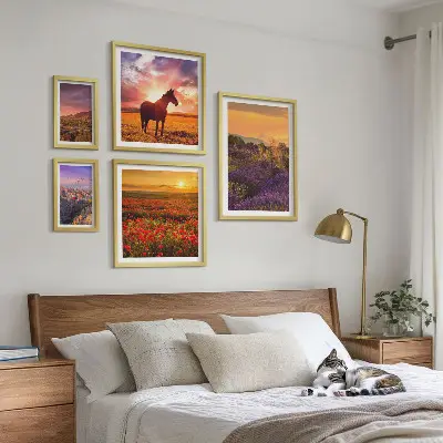 Lot de tableaux encadrés représentant des paysages naturels avec des chevaux et des fleurs