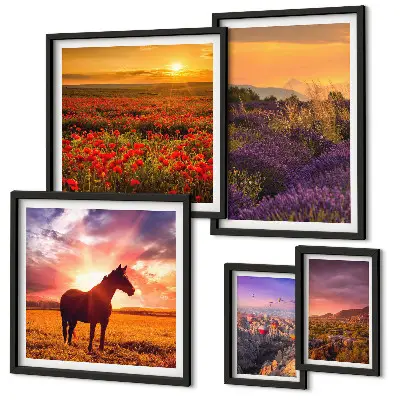 Lot de tableaux encadrés représentant des paysages naturels avec des chevaux et des fleurs