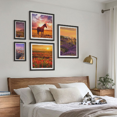 Lot de tableaux encadrés Paysages naturels chevaux fleurs