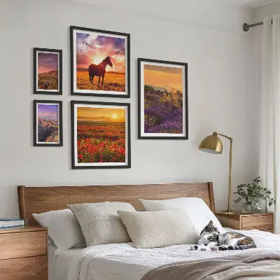 Lot de tableaux encadrés représentant des paysages naturels avec des chevaux et des fleurs