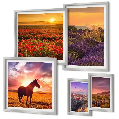 Lot de tableaux encadrés représentant des paysages naturels avec des chevaux et des fleurs