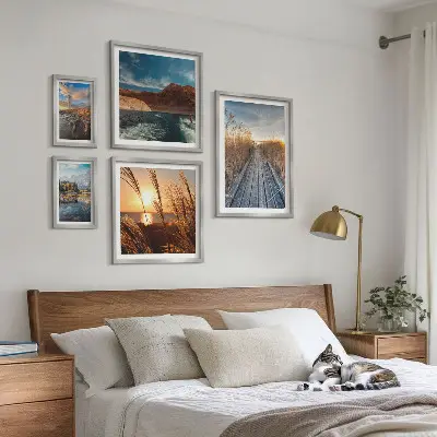 Ensemble de 5 tableaux représentant un sentier de végétation aquatique et un paysage