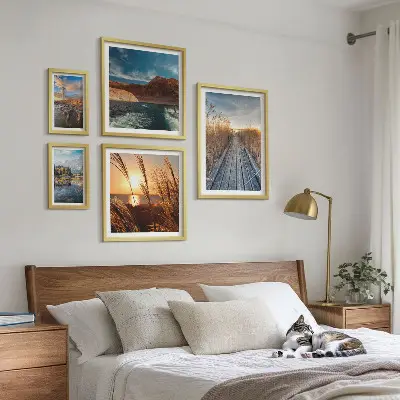 Ensemble de 5 tableaux représentant un sentier de végétation aquatique et un paysage
