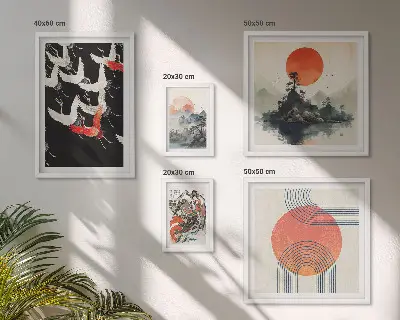 Lot de tableaux encadrés inspirés par la tradition artistique et naturelle japonaise