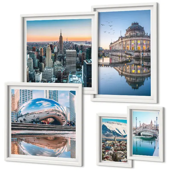 Ensemble de 5 tableaux paysages urbains d'architecture et de nature