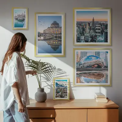 Ensemble de 5 tableaux paysages urbains d'architecture et de nature