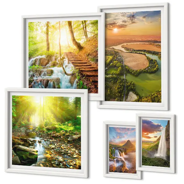 Lot de tableaux encadrés représentant des paysages de cascades et de vallées