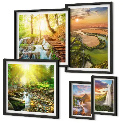 Lot de tableaux encadrés représentant des paysages de cascades et de vallées
