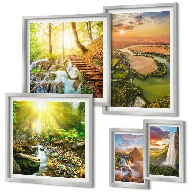 Lot de tableaux encadrés représentant des paysages de cascades et de vallées
