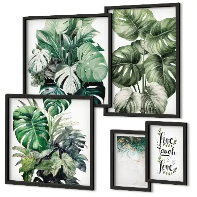 Lot de tableaux encadrés avec citations abstraites et motifs végétaux