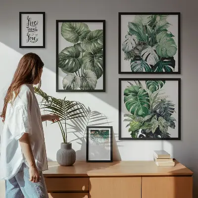 Lot de tableaux encadrés avec citations abstraites et motifs végétaux