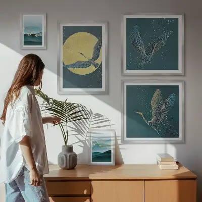Tableau de décoration murale représentant des paysages d'oiseaux dans un ciel nocturne