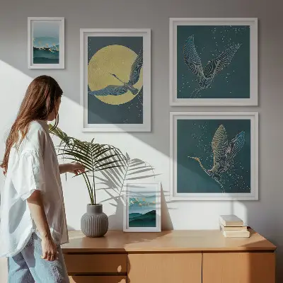 Tableau de décoration murale représentant des paysages d'oiseaux dans un ciel nocturne