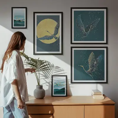 Tableau de décoration murale représentant des paysages d'oiseaux dans un ciel nocturne