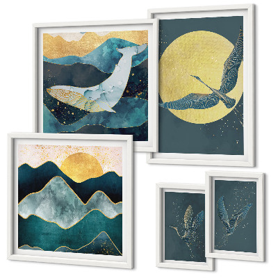 Ensemble de 5 tableaux Montagnes d'oiseaux style moderne