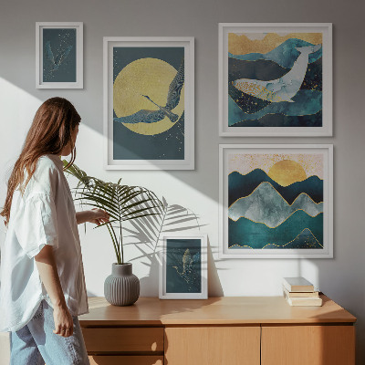 Ensemble de 5 tableaux Montagnes d'oiseaux style moderne