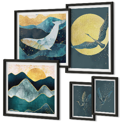 Ensemble de 5 tableaux Montagnes d'oiseaux style moderne