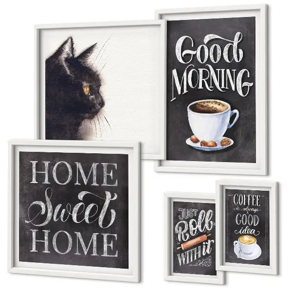Ensemble de 5 tableaux à slogans positifs sur les chats dans un café