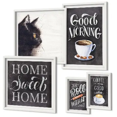 Ensemble de 5 tableaux à slogans positifs sur les chats dans un café