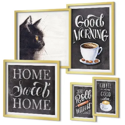 Ensemble de 5 tableaux à slogans positifs sur les chats dans un café