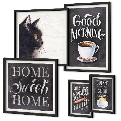 Ensemble de 5 tableaux à slogans positifs sur les chats dans un café