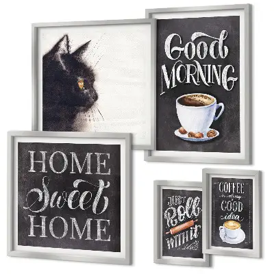 Ensemble de 5 tableaux à slogans positifs sur les chats dans un café