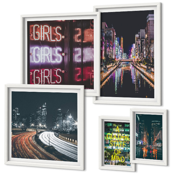 Ensemble de 5 tableaux Ville moderne la nuit, néons