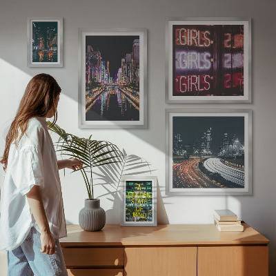 Ensemble de 5 tableaux Ville moderne la nuit, néons