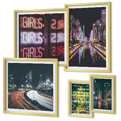Ensemble de 5 tableaux Ville moderne la nuit, néons