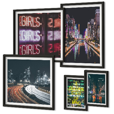 Ensemble de 5 tableaux Ville moderne la nuit, néons