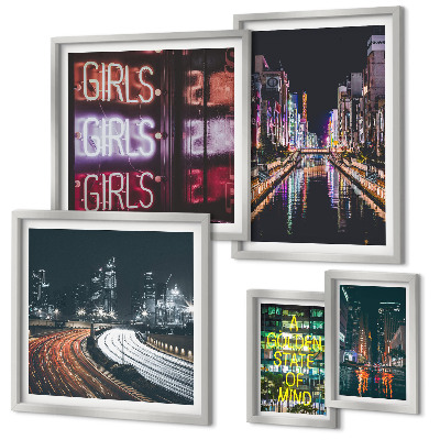 Ensemble de 5 tableaux Ville moderne la nuit, néons
