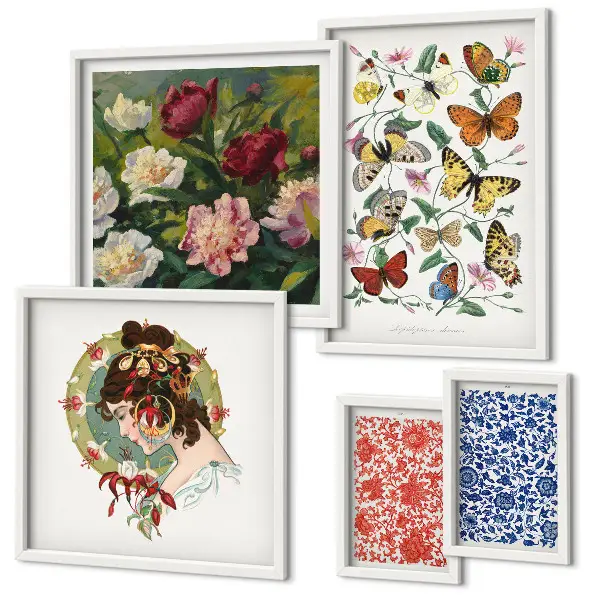 Tableau de décoration murale motifs fleurs et papillons style vintage
