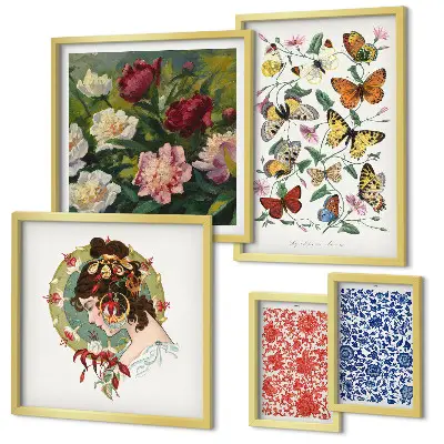 Tableau de décoration murale motifs fleurs et papillons style vintage