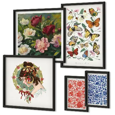 Tableau de décoration murale motifs fleurs et papillons style vintage