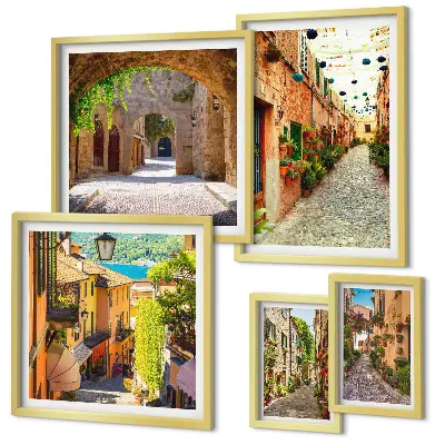 Lot de tableaux encadrés représentant les charmantes rues verdoyantes de la ville
