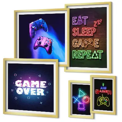 Lot de tableaux encadrés sur le thème des jeux vidéo au néon