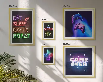 Lot de tableaux encadrés sur le thème des jeux vidéo au néon