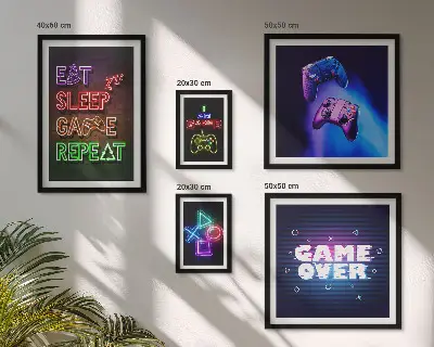 Lot de tableaux encadrés sur le thème des jeux vidéo au néon