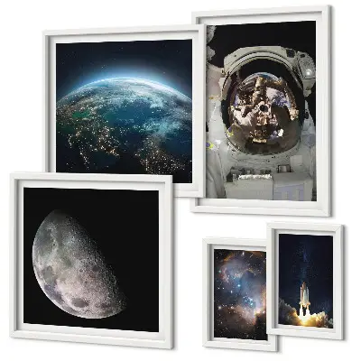 Lot de tableaux encadrés représentant les découvertes spatiales des astronautes