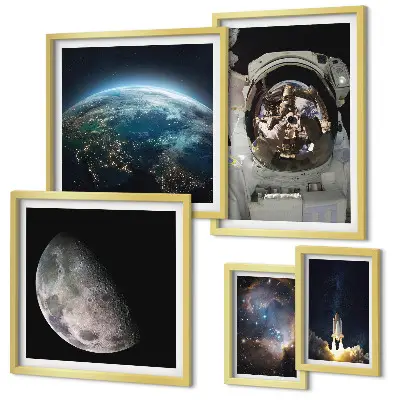 Lot de tableaux encadrés représentant les découvertes spatiales des astronautes