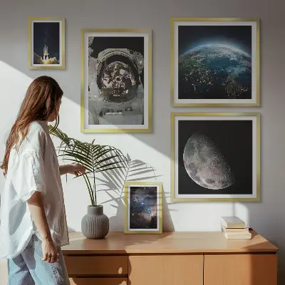 Lot de tableaux encadrés représentant les découvertes spatiales des astronautes