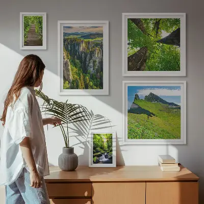 Ensemble de 5 tableaux représentant des sentiers de nature aux paysages verdoyants