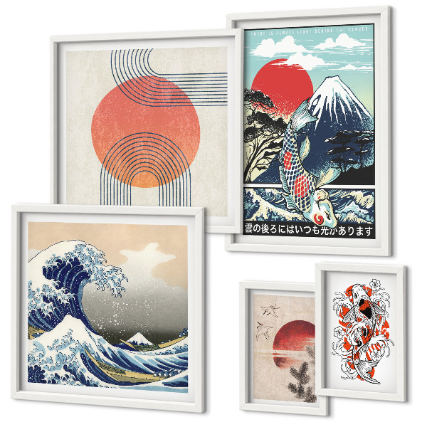 Lot de tableaux encadrés Motifs artistiques japonais en forme de vagues