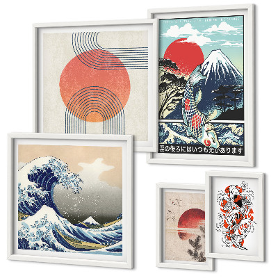 Lot de tableaux encadrés Motifs artistiques japonais en forme de vagues