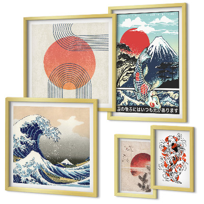 Lot de tableaux encadrés Motifs artistiques japonais en forme de vagues